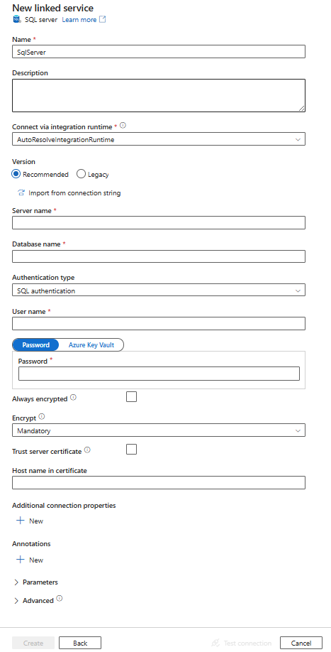 Captura de ecrã da configuração do serviço SQL Server ligado.