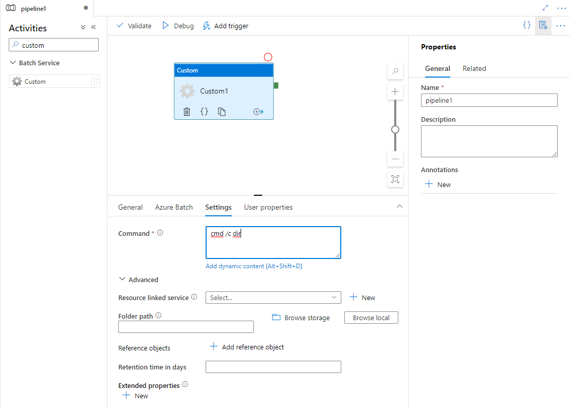 Mostra a interface de utilizador do separador Definições de uma atividade Personalizada.