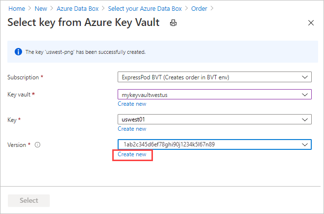 Captura de tela mostrando a mensagem de confirmação ao criar uma nova chave do Cofre da Chave do Azure para fornecer uma chave gerenciada pelo cliente na guia Segurança da ordem de exportação do Data Box.