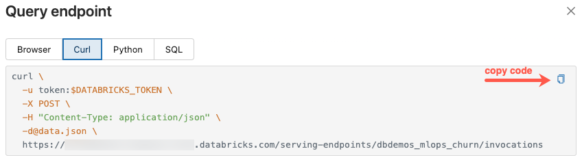 botão copiar na caixa de diálogo de endpoint de consulta