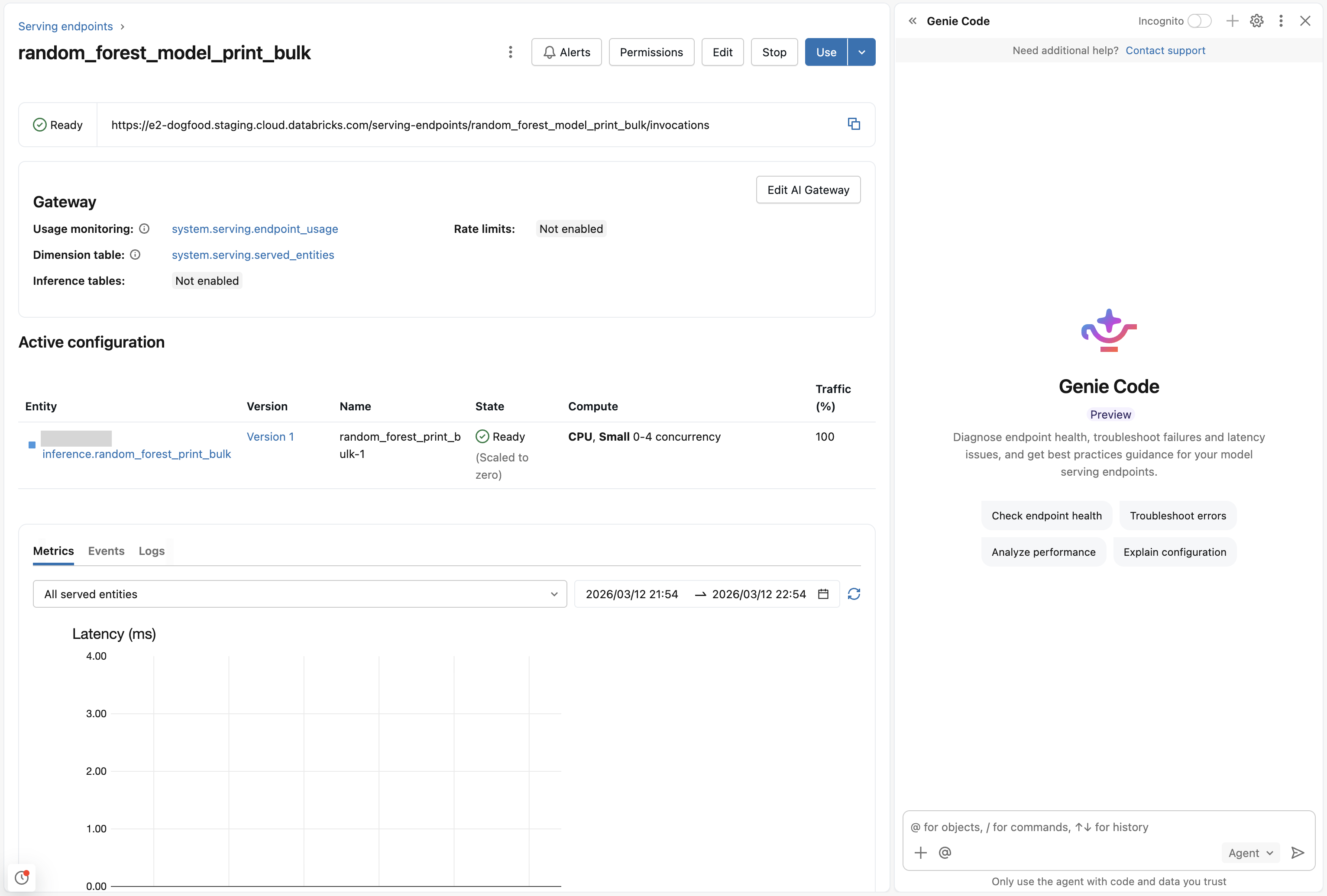 Painel de Código Genie numa página de endpoint