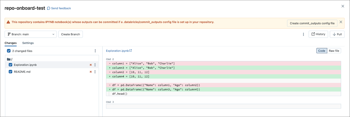 interface do usuário de confirmação do Bloco de Anotações: botão Criar arquivo commit_outputs.