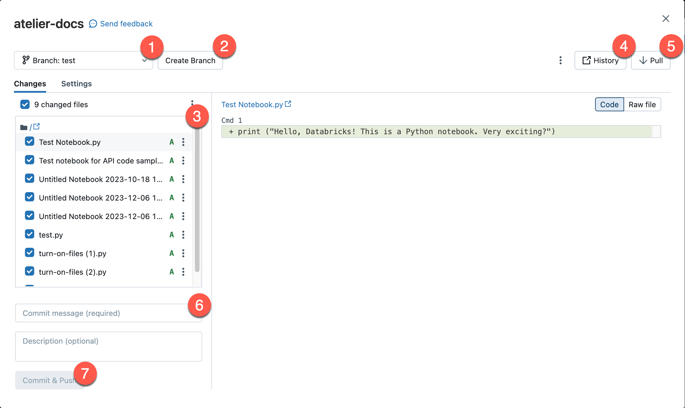 O diálogo usado para executar operações Git em um espaço de trabalho Databricks.