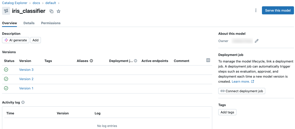 página de detalhes do modelo