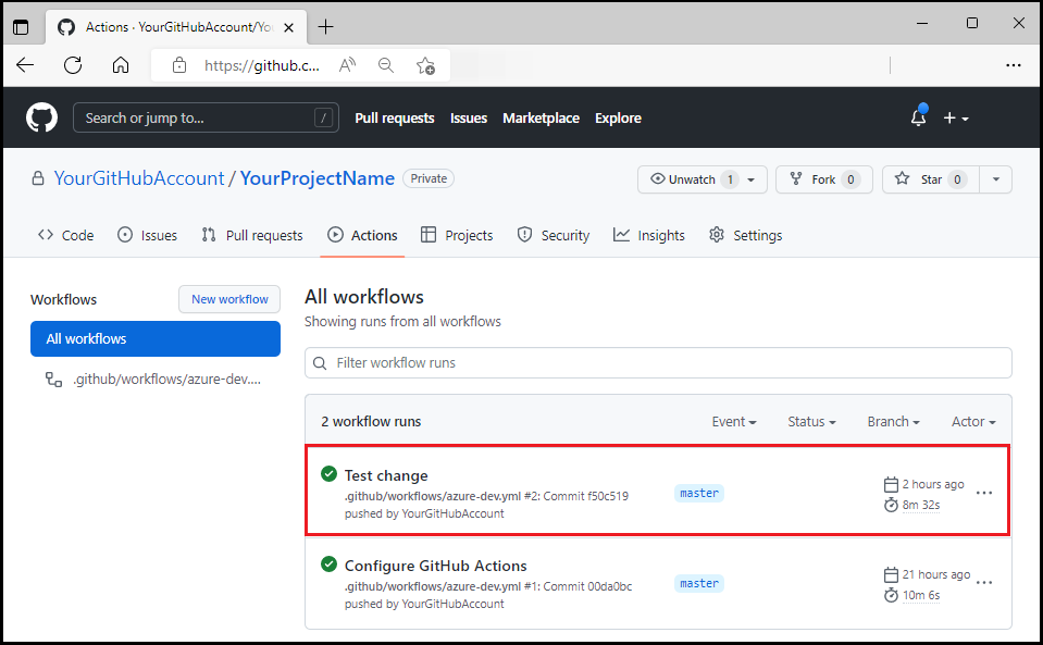 Captura de ecrã do fluxo de trabalho GitHub a correr após a atualização de teste.