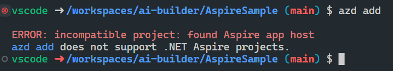 Uma captura de tela mostrando o erro de projeto .NET Aspire incompatível.
