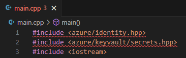 {A captura de tela do C++ inclui instruções do VS Code que têm linhas onduladas de erro vermelhas por baixo.}