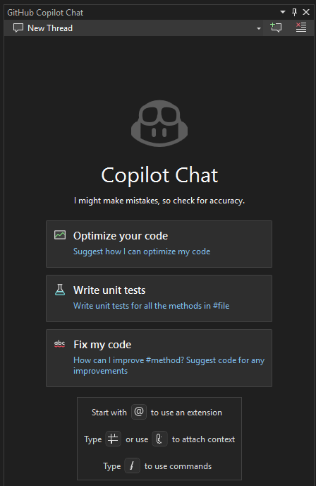 Captura de tela que mostra a janela Chat do Copiloto do GitHub no Visual Studio 2022.