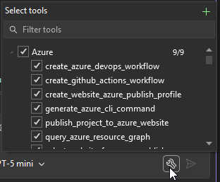 Captura de tela do painel de bate-papo com o botão de seleção de ferramentas clicado no Visual Studio 2026.