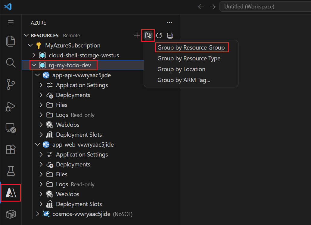 Captura de ecrã da vista Azure do VS Code mostrando recursos agrupados por grupo de recursos com o menu Agrupar por aberto.