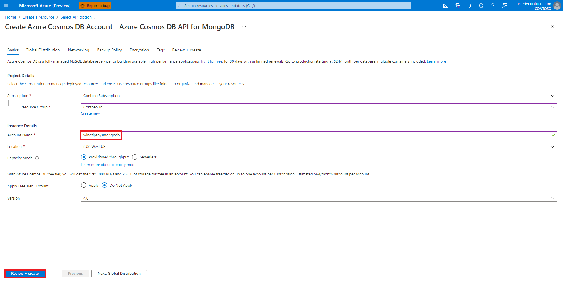 Revise as configurações da sua conta do Azure Cosmos DB.