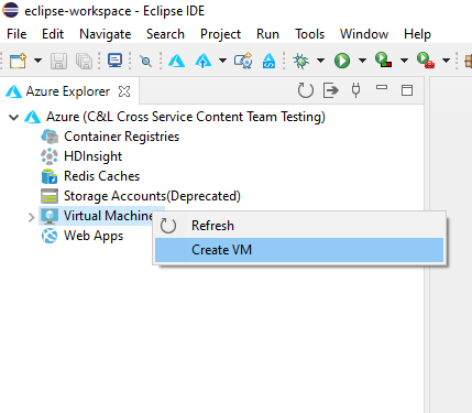 opção de Criar VM no Azure Explorer.