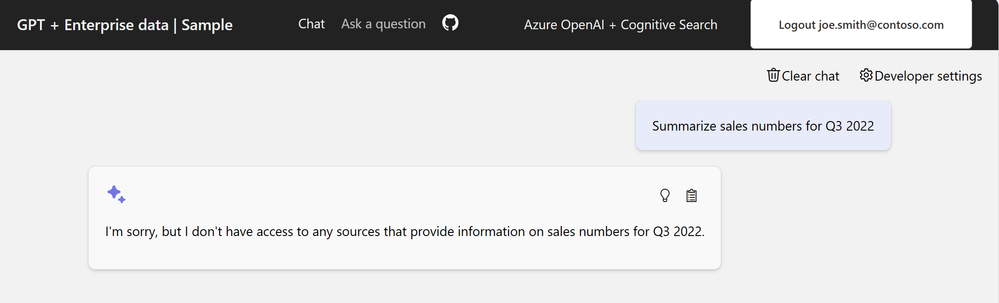 Captura de tela que mostra o aplicativo de bate-papo com uma resposta que indica que o usuário não tem acesso aos dados.