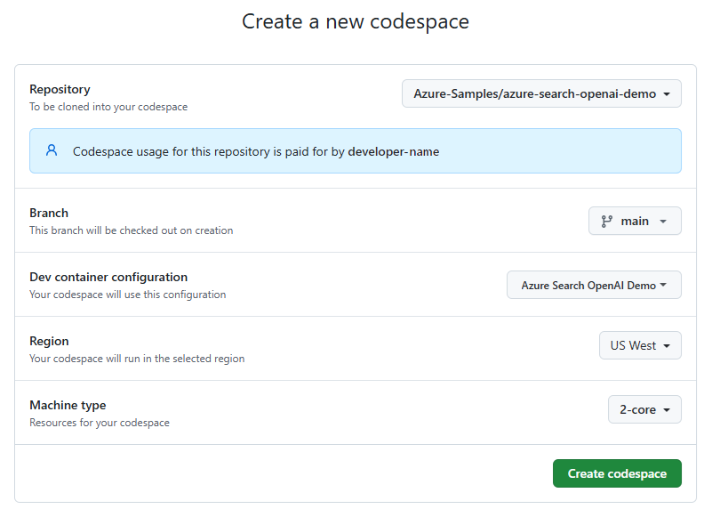 Captura de tela da tela de confirmação para criar um novo espaço de código do GitHub para o exemplo.