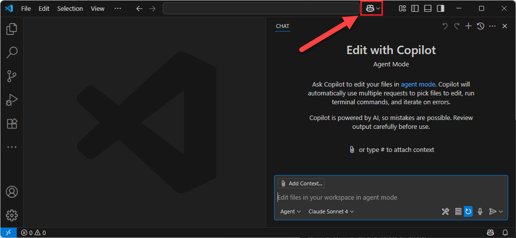Captura de tela da opção Copilot Toggle Chat no VS Code.