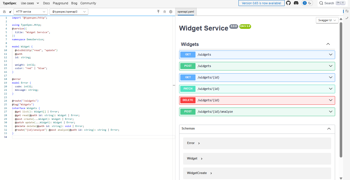 Captura de ecrã do playground TypeSpec com exemplo de serviço HTTP emitindo para o Swagger UI.