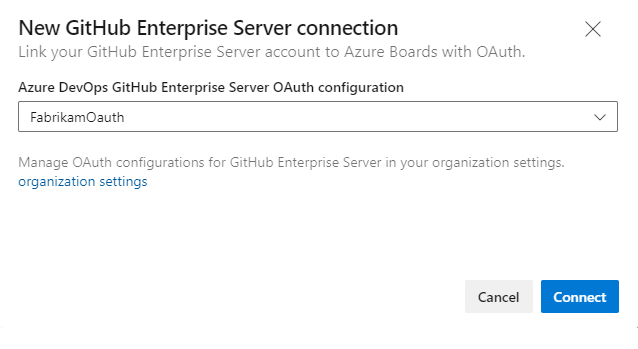Captura de ecrã da ligação New GitHub Enterprise, diálogo de ligação OAuth.