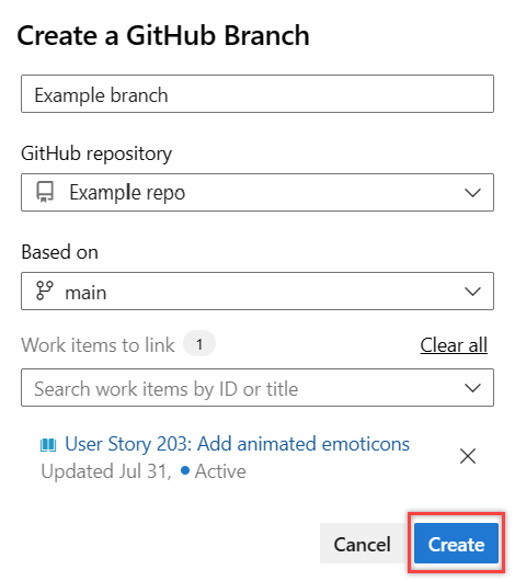 Captura de ecrã do diálogo Criar uma GitHub Branch.