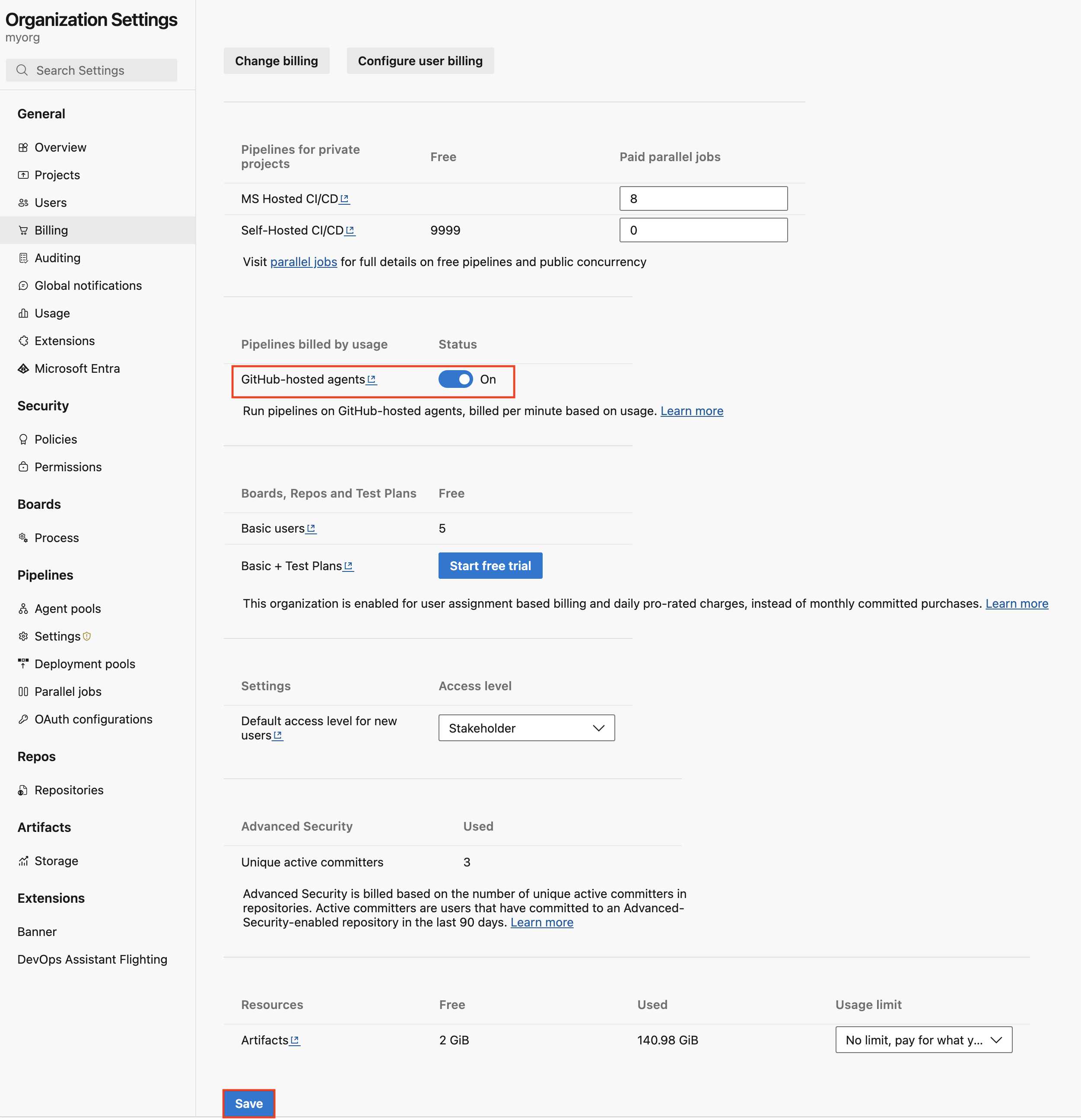 Captura de ecrã que mostra como ativar preços pay-as-you-go.