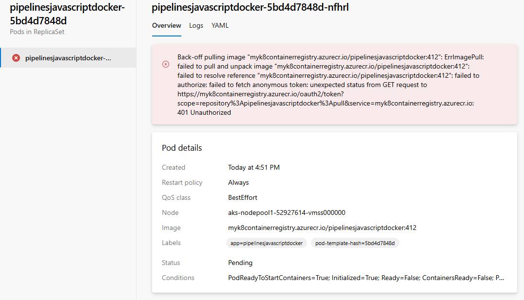 Captura de tela que mostra a exibição de status da carga de trabalho para uma implantação do Kubernetes.