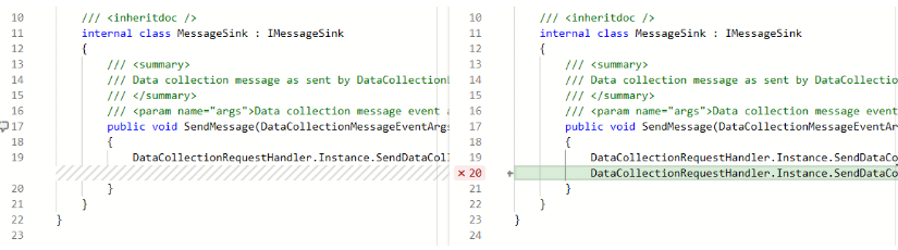 A captura de ecrã mostra os indicadores de cobertura das alterações de linha num pull request.