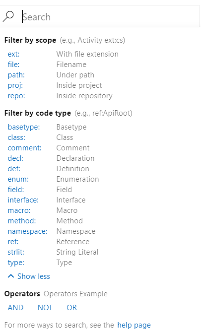Opções de filtro de pesquisa por código.