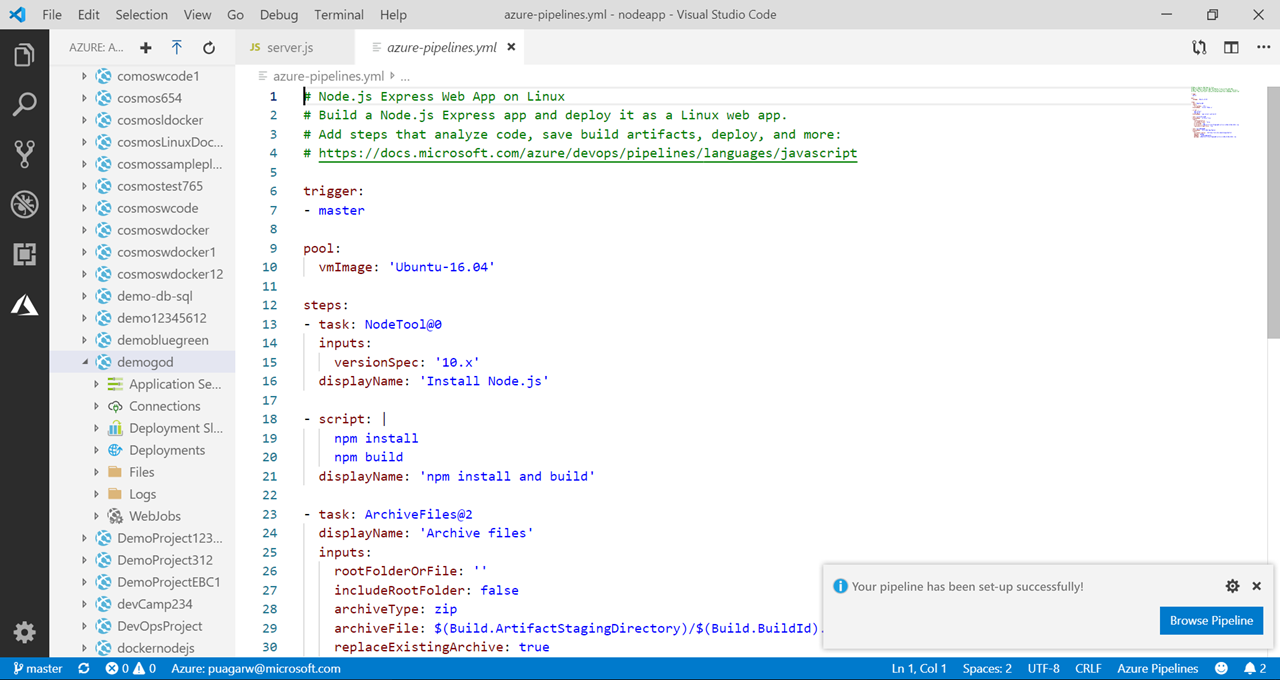 Crie Pipelines do Azure a partir do VSCode.