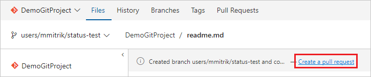 Captura de ecrã a mostrar o link Criar um pull request na barra de sugestões.