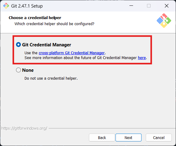 Captura de tela mostra a seleção Ativar o Git Credential Manager durante a instalação do Git para Windows.