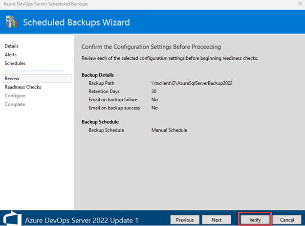 Captura de tela realçando o botão 'Verificar' na tela de definições de configuração.