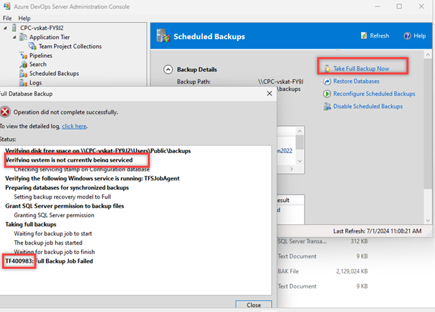 Captura de tela mostra o link realçado para fazer backup completo agora.