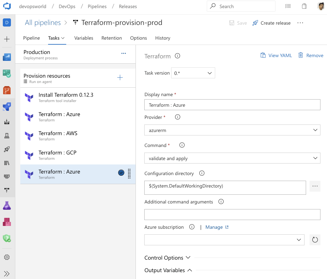 Captura de tela da integração do Terraform com o Azure Pipelines.