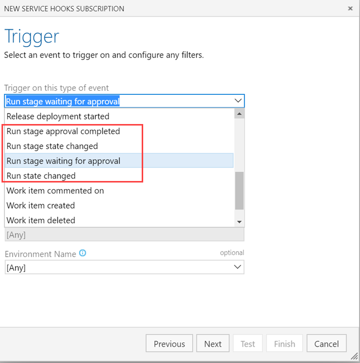 Captura de tela do assistente NEW SERVICE HOOKS SUBSCRIPTION mostrando o gatilho na lista suspensa deste tipo de evento com as opções de estágio de execução destacadas.