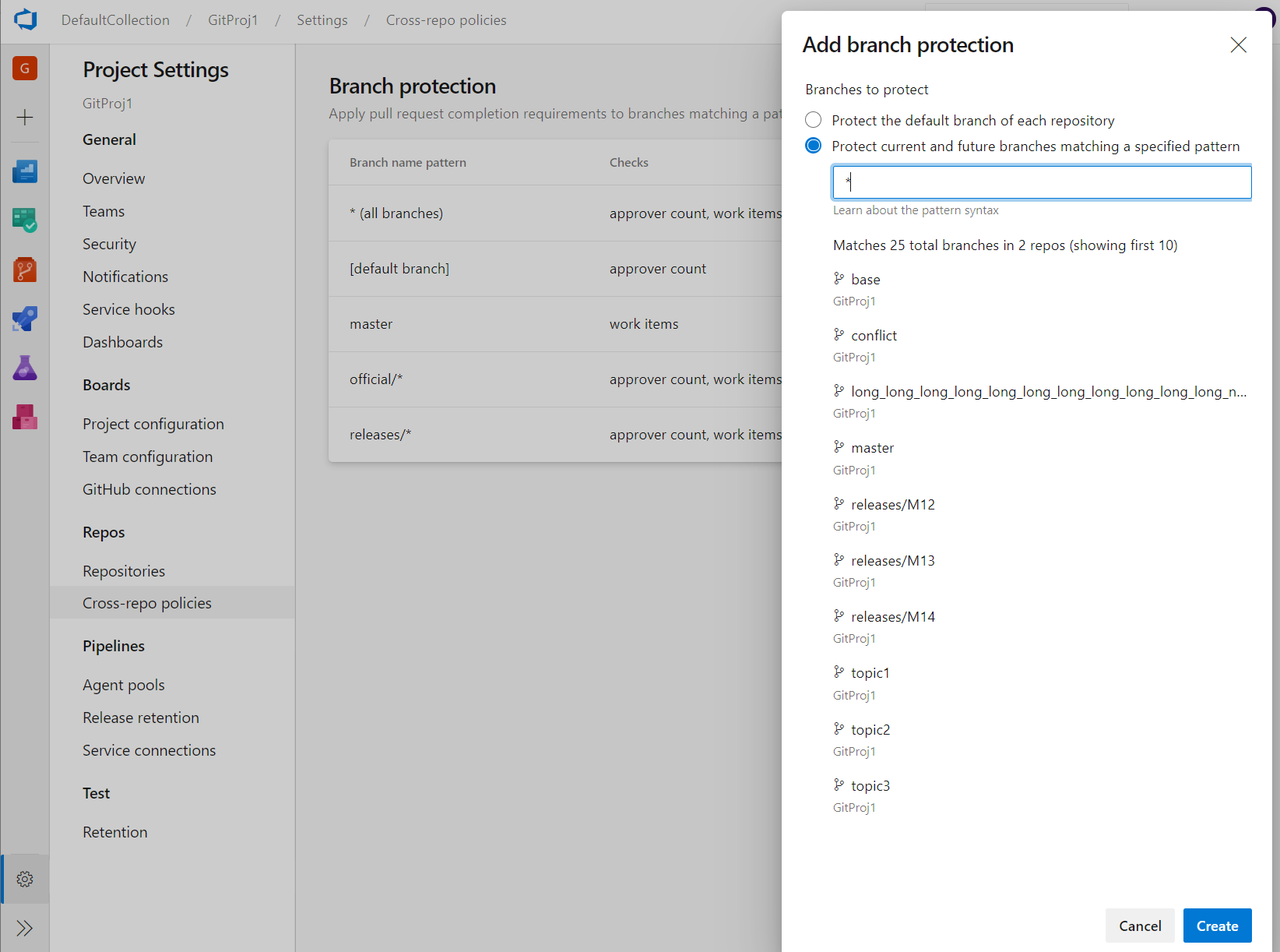 Captura de ecrã da caixa de diálogo Adicionar proteção de ramificação.