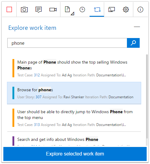 Captura de ecrã a mostrar a seleção do item de trabalho nos resultados da pesquisa.