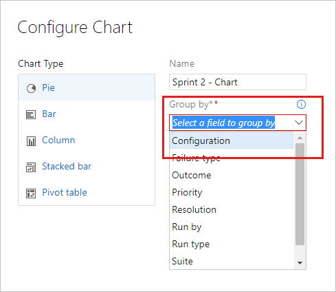 A captura de ecrã mostra a escolha de uma opção de configuração para agrupar por na caixa de diálogo de configuração do gráfico.