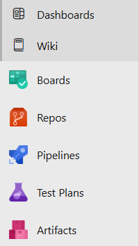 Captura de ecrã dos serviços listados no Azure DevOps navigation.