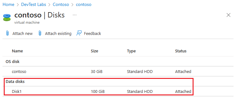 Captura de ecrã do novo disco de dados em Discos de dados na página Discos.