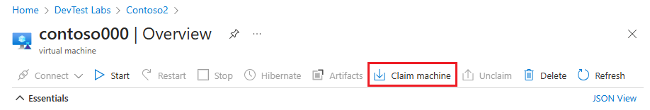 Captura de tela da máquina de declaração na página Visão geral da VM.