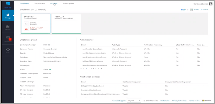 Manage your company's enrollments from the Azure Enterprise Portal. A screenshot of the Enterprise Agreement management portal page.
