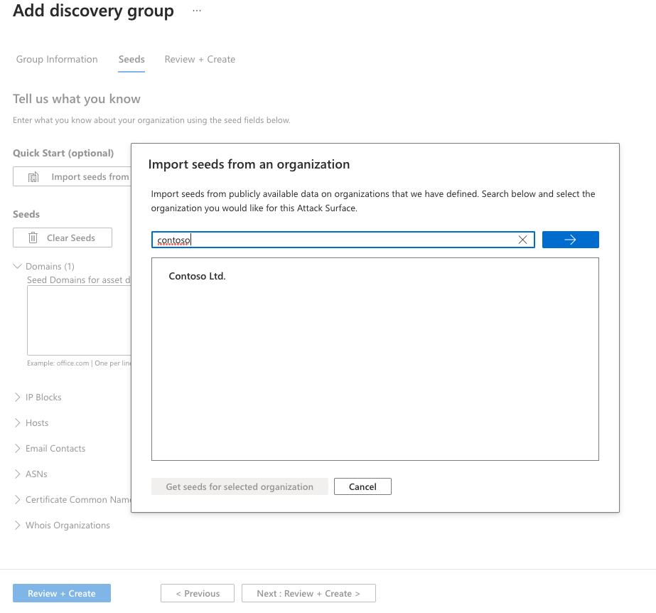 Captura de tela da página de seleção de superfície de ataque predefinida, seguida pela saída na lista de sementes