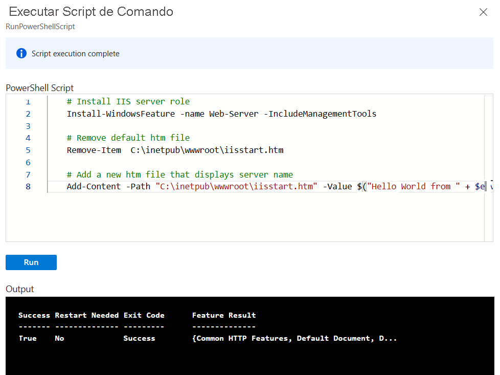 Captura de ecrã da janela Executar Comando de Script com código e saída do PowerShell.