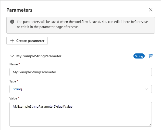 A captura de tela mostra o portal do Azure com o designer de fluxo de trabalho e o painel Parâmetros com uma definição de parâmetro de exemplo.