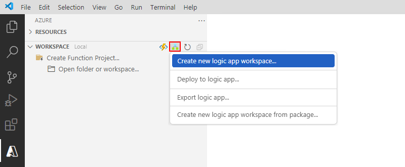 A captura de tela mostra o painel do Azure, a barra de ferramentas Espaço de trabalho, o menu Aplicativos Lógicos do Azure e o item selecionado, Criar novo espaço de trabalho de aplicativo lógico.