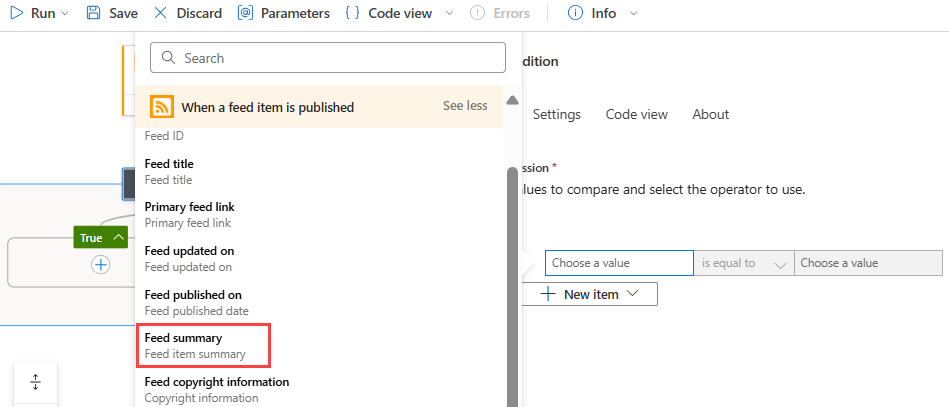 A captura de tela mostra o portal do Azure, o designer de fluxo de trabalho de consumo, o gatilho RSS e a ação Condição com construção de critérios.
