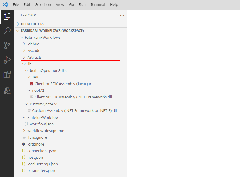 A captura de ecrã mostra a estrutura do projeto do Visual Studio Code e as pastas de assembly expandidas.