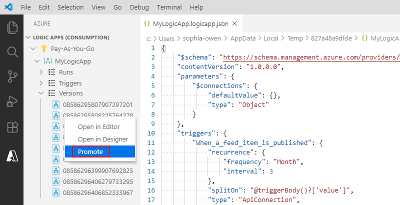 Captura de ecrã que mostra o Visual Studio Code e como promover uma versão anterior da aplicação lógica para a versão atual. 
