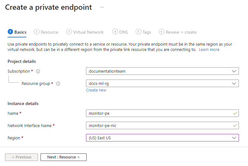 Captura de ecrã das noções básicas do ponto final privado do Azure Monitor.