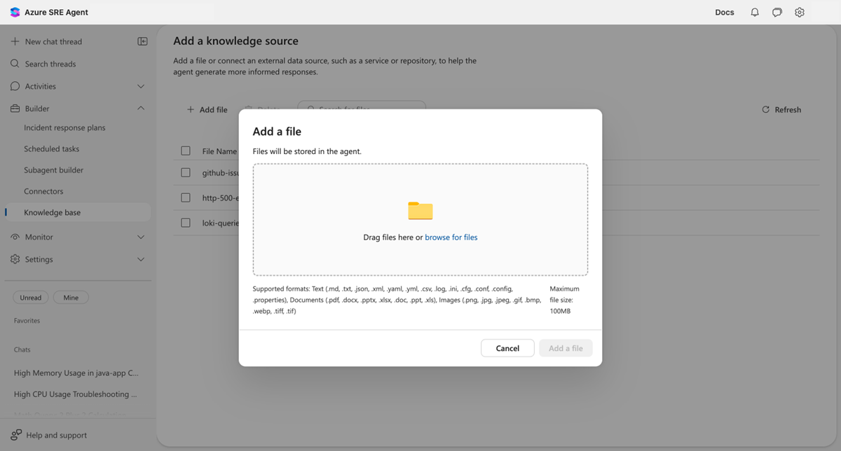 Diálogo de upload que mostra uma zona de arrastar e largar com formatos de ficheiro suportados e tamanho máximo de 100 MB.