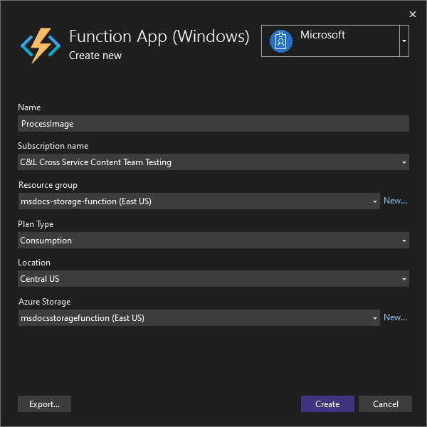 Uma captura de ecrã que mostra como criar uma nova Function App em Azure.